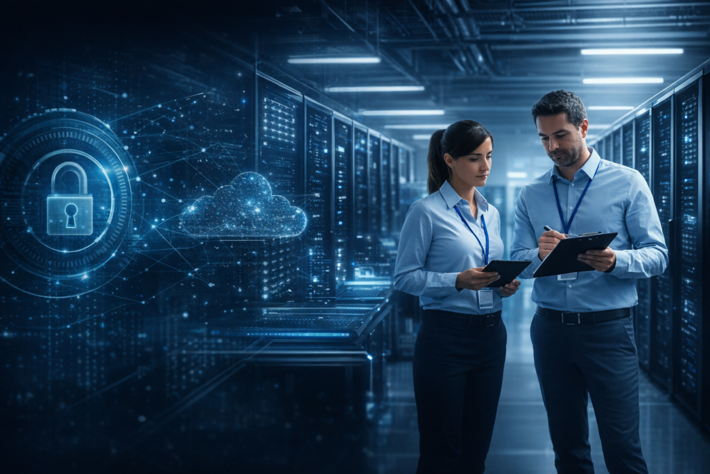 Direita imagem institucional (data center, equipe técnica, infraestrutura digital)